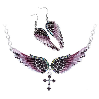 Yacq Angel Wing Cross Necklace Earrings Sets Women Biker Bling Jewelry Birthday Gifts for Her Wife Mom Girlfriend