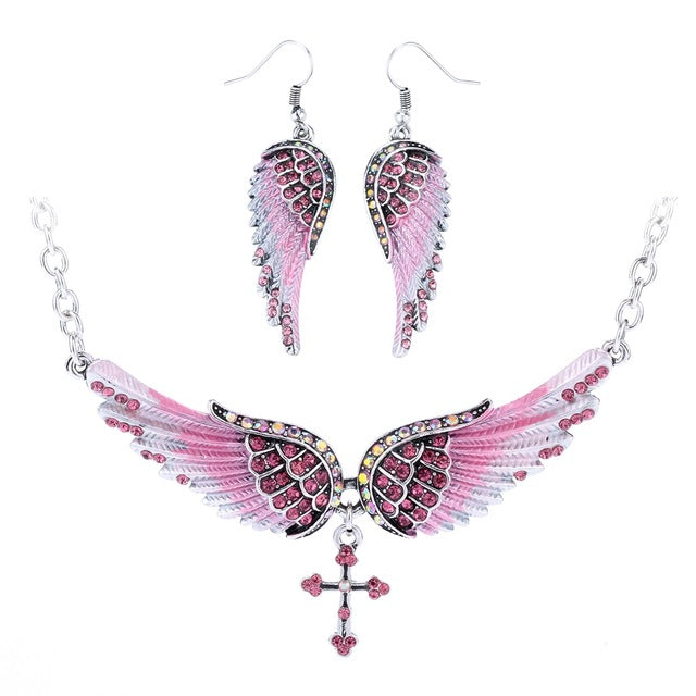 Yacq Angel Wing Cross Necklace Earrings Sets Women Biker Bling Jewelry Birthday Gifts for Her Wife Mom Girlfriend
