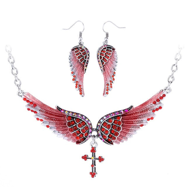 Yacq Angel Wing Cross Necklace Earrings Sets Women Biker Bling Jewelry Birthday Gifts for Her Wife Mom Girlfriend