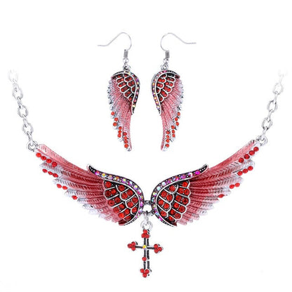 Yacq Angel Wing Cross Necklace Earrings Sets Women Biker Bling Jewelry Birthday Gifts for Her Wife Mom Girlfriend