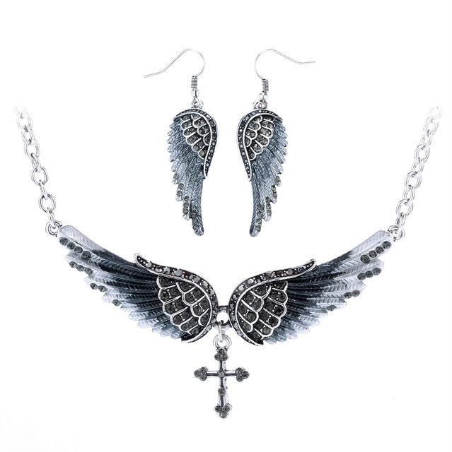 Yacq Angel Wing Cross Necklace Earrings Sets Women Biker Bling Jewelry Birthday Gifts for Her Wife Mom Girlfriend