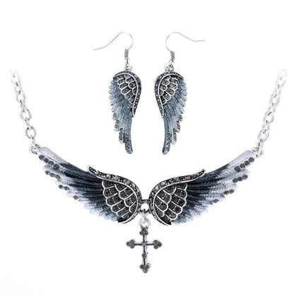 Yacq Angel Wing Cross Necklace Earrings Sets Women Biker Bling Jewelry Birthday Gifts for Her Wife Mom Girlfriend