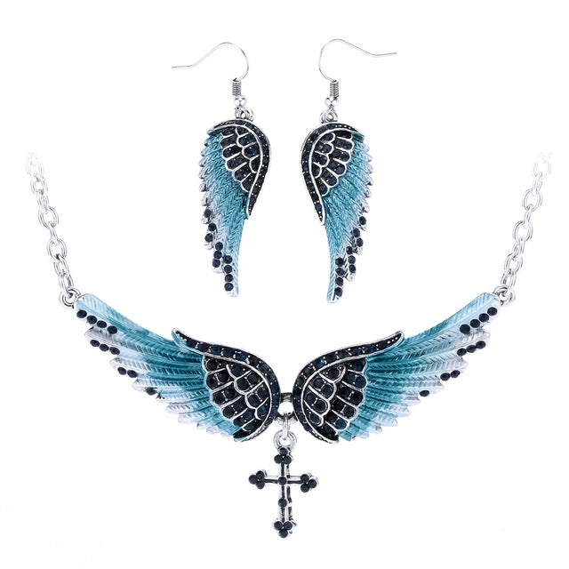 Yacq Angel Wing Cross Necklace Earrings Sets Women Biker Bling Jewelry Birthday Gifts for Her Wife Mom Girlfriend