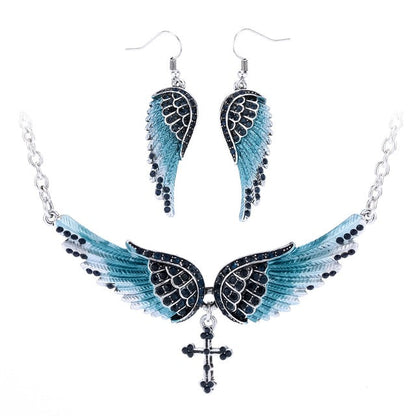 Yacq Angel Wing Cross Necklace Earrings Sets Women Biker Bling Jewelry Birthday Gifts for Her Wife Mom Girlfriend