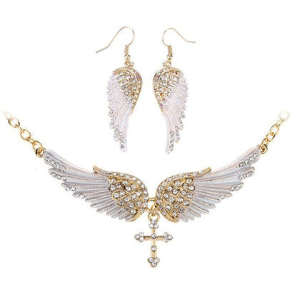 Yacq Angel Wing Cross Necklace Earrings Sets Women Biker Bling Jewelry Birthday Gifts for Her Wife Mom Girlfriend