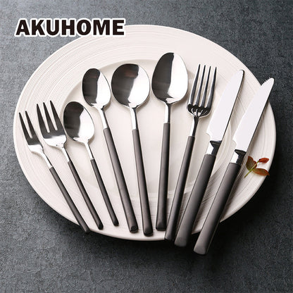 Stainless Steel Cutlery Black Handle Electroplate Dinnerware Set Steak Knife Fork Dessert