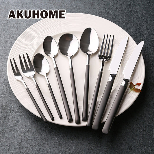 Stainless Steel Cutlery Black Handle Electroplate Dinnerware Set Steak Knife Fork Dessert