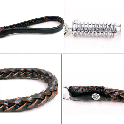 Leather Dog Training Pet Leash with Spring Buffer to Decrease Pull Tension