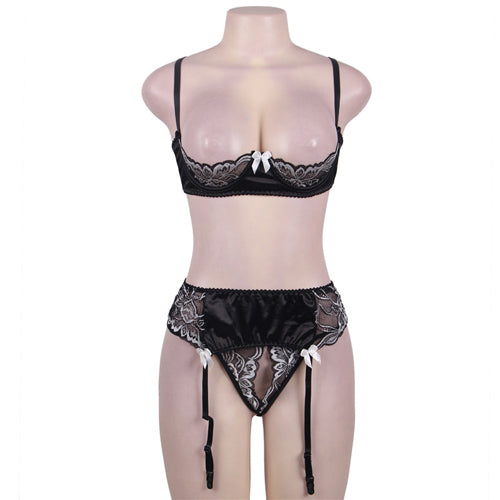 Black Lace Halter Lingerie Set Women Plus Size Open Bra Floral Transparent Lingerie Bra With Garter