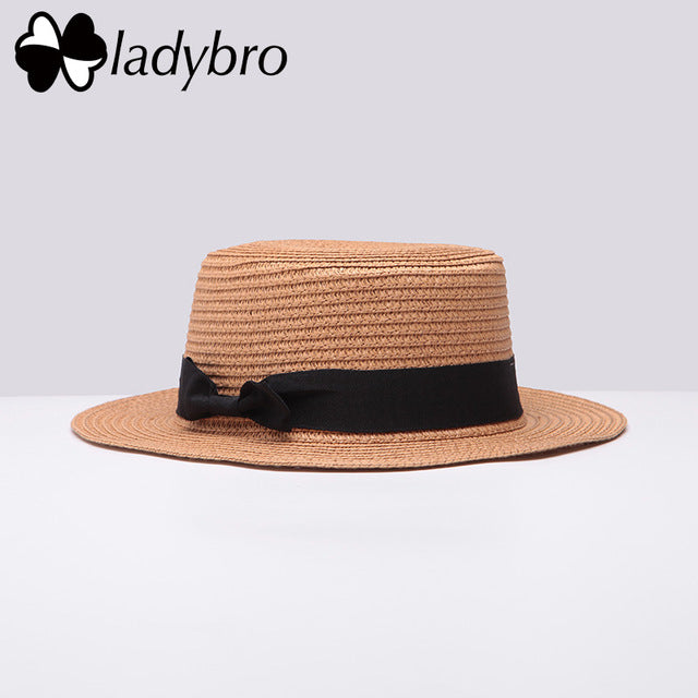 Ladybro Summer Women Boater Beach Hat Female Casual Panama Hat Lady Brand Classic Bowknot Straw Flat Sun Hat Women Fedora