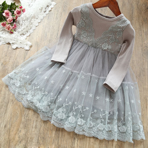 New Lace Flower Princess Dress Spring Girl Dress Winter Long Sleeve Three-Dimensional Petals Pompon Net Yarn Girls Clothes