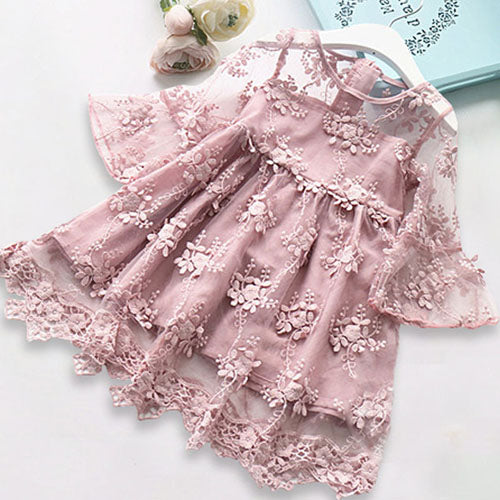 New Lace Flower Princess Dress Spring Girl Dress Winter Long Sleeve Three-Dimensional Petals Pompon Net Yarn Girls Clothes