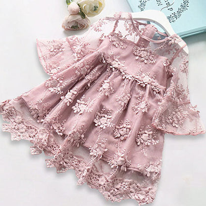 New Lace Flower Princess Dress Spring Girl Dress Winter Long Sleeve Three-Dimensional Petals Pompon Net Yarn Girls Clothes