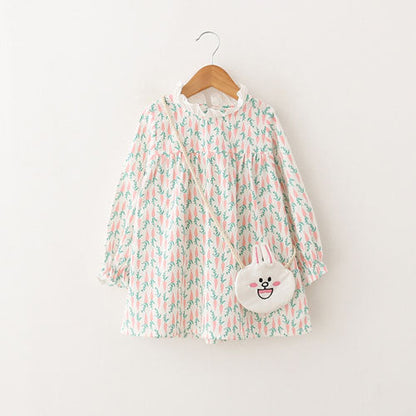 New Lace Flower Princess Dress Spring Girl Dress Winter Long Sleeve Three-Dimensional Petals Pompon Net Yarn Girls Clothes