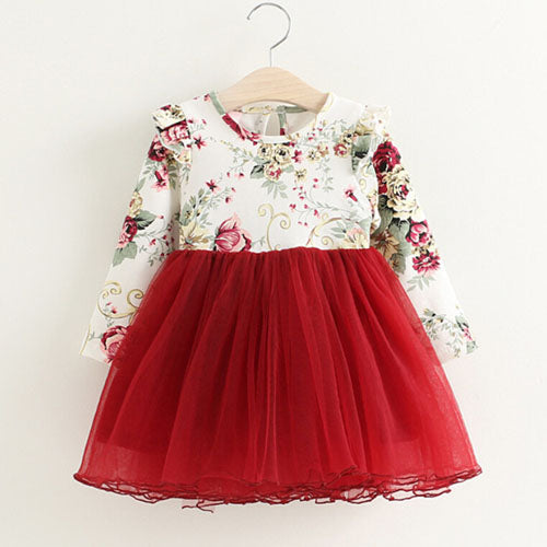 New Lace Flower Princess Dress Spring Girl Dress Winter Long Sleeve Three-Dimensional Petals Pompon Net Yarn Girls Clothes