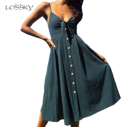Bow Backless Polka Dots Print Beach Summer Dress Women Cotton Deep V Neck Buttons Red White Off Shoulder Midi Dresses