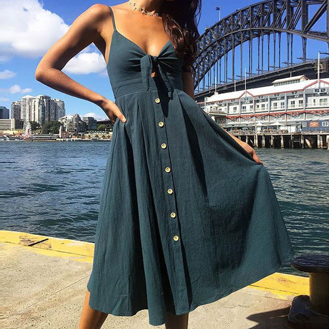 Bow Backless Polka Dots Print Beach Summer Dress Women Cotton Deep V Neck Buttons Red White Off Shoulder Midi Dresses