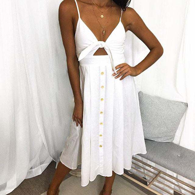 Bow Backless Polka Dots Print Beach Summer Dress Women Cotton Deep V Neck Buttons Red White Off Shoulder Midi Dresses
