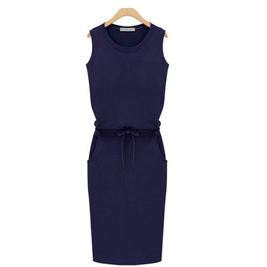Summer Women Dress Fashion Solid Cotton Slim Fit Pockets Pencil Dresses Work Sleeveless   Casual Dress Robe Femme