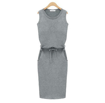 Summer Women Dress Fashion Solid Cotton Slim Fit Pockets Pencil Dresses Work Sleeveless   Casual Dress Robe Femme