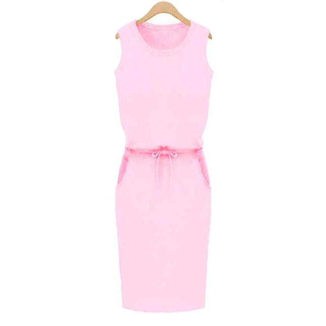Summer Women Dress Fashion Solid Cotton Slim Fit Pockets Pencil Dresses Work Sleeveless   Casual Dress Robe Femme