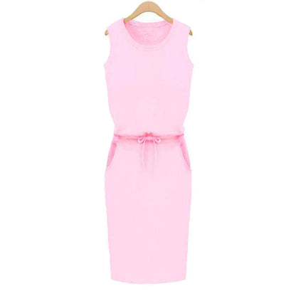 Summer Women Dress Fashion Solid Cotton Slim Fit Pockets Pencil Dresses Work Sleeveless   Casual Dress Robe Femme