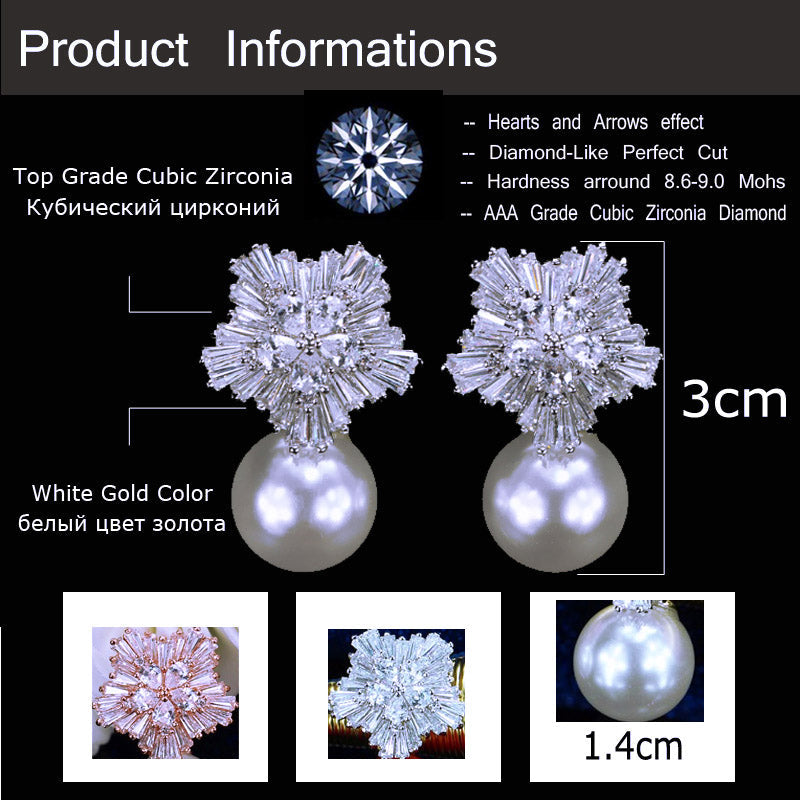 CWWZircons Snow Flower Design Women Big Drop White Pearl Earrings With Cubic Zirconia Christmas Gift