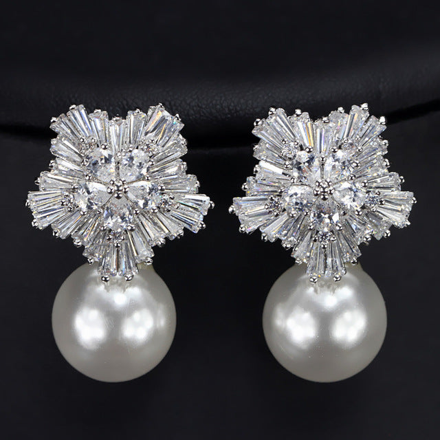 CWWZircons Snow Flower Design Women Big Drop White Pearl Earrings With Cubic Zirconia Christmas Gift