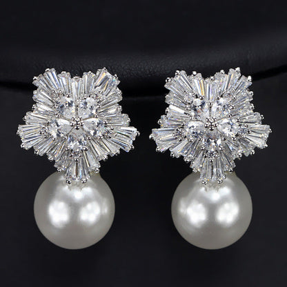 CWWZircons Snow Flower Design Women Big Drop White Pearl Earrings With Cubic Zirconia Christmas Gift