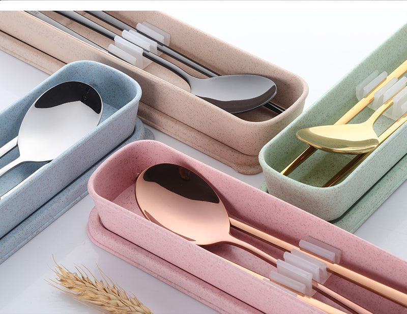 Buyer Star Cool Color Golden Stainless Steel Tableware Set Korean Sweet Adult Students Portable Dinnerware Set
