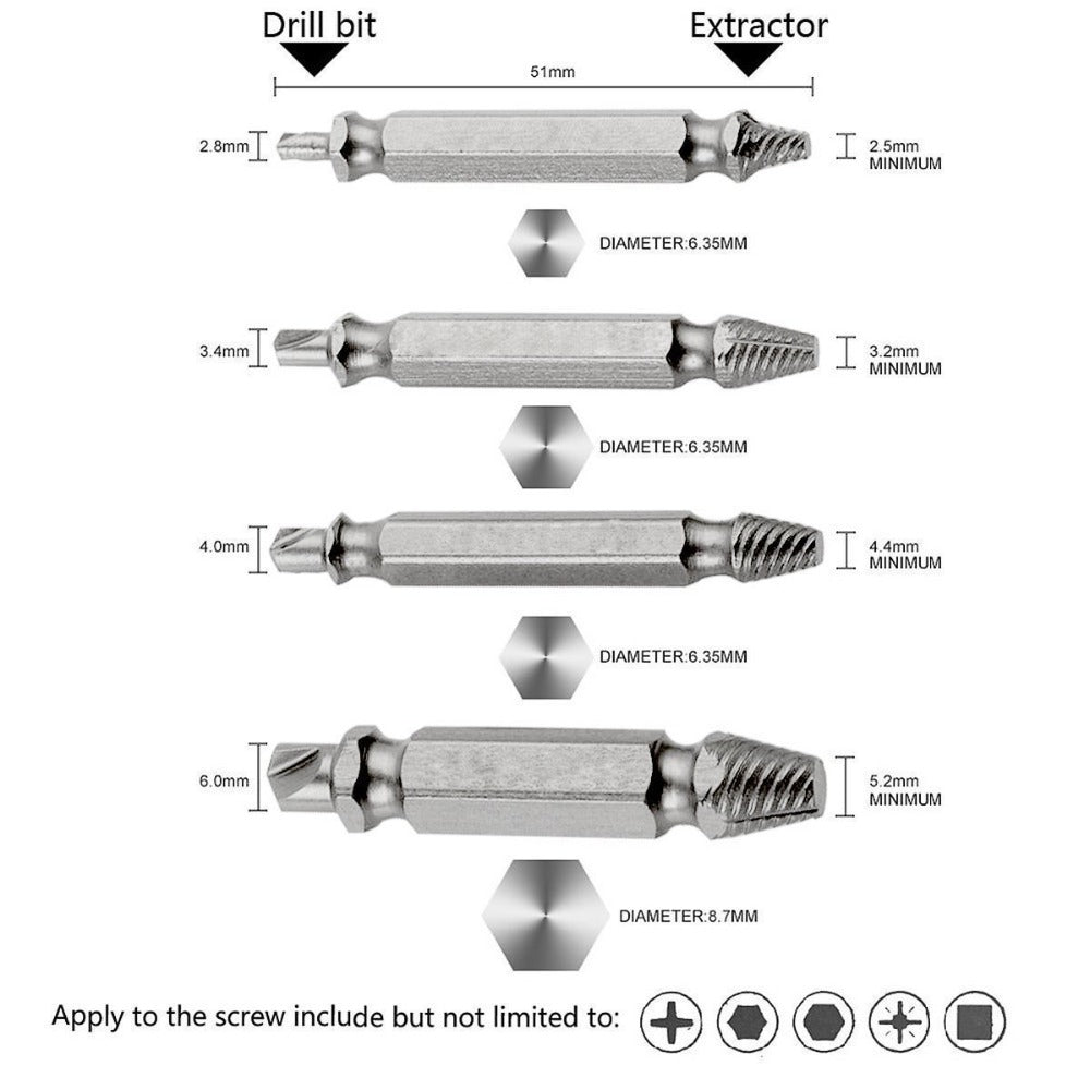 4 Piece: Damaged & Stripped Screw Removal Extractor Set