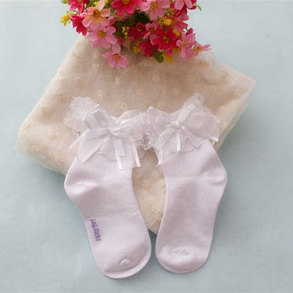 Cute Girls Lace Ruffle Frilly Ankle Socks Sweet Big Bow Princess Cotton Short Socks