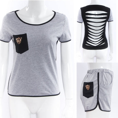 Women's Two Piece Ripped Cheetah Shirt and Fitness Shorts