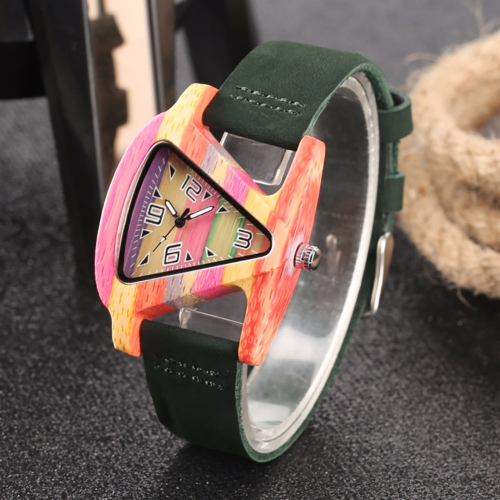 Women's Colorful Wooden Triangular Quartz Wristwatch
