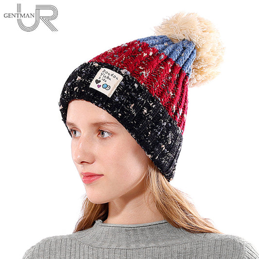Women's Patchwork Knitted PomPom Beanie
