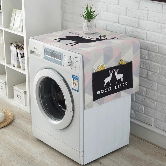 Cotton Cartoon Print Washing Machine Dust Cover with Side Pockets