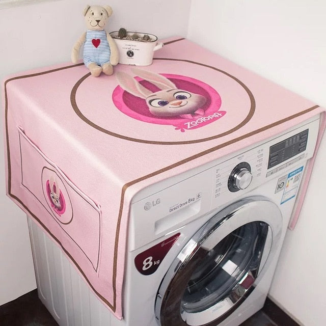 Cotton Cartoon Print Washing Machine Dust Cover with Side Pockets