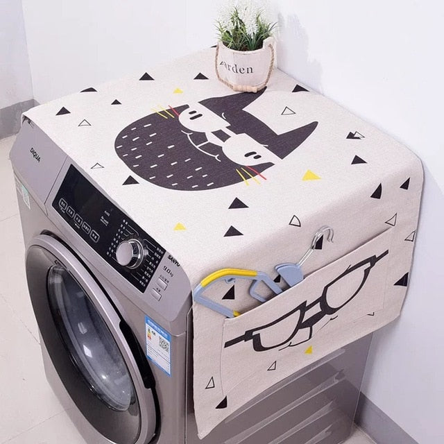 Cotton Cartoon Print Washing Machine Dust Cover with Side Pockets