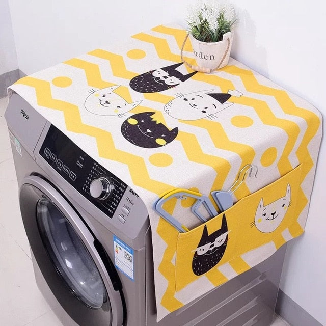 Cotton Cartoon Print Washing Machine Dust Cover with Side Pockets