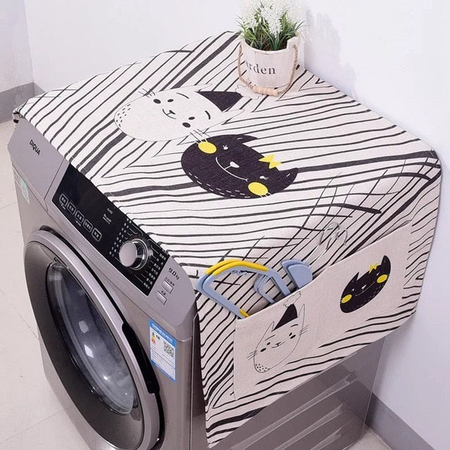 Cotton Cartoon Print Washing Machine Dust Cover with Side Pockets