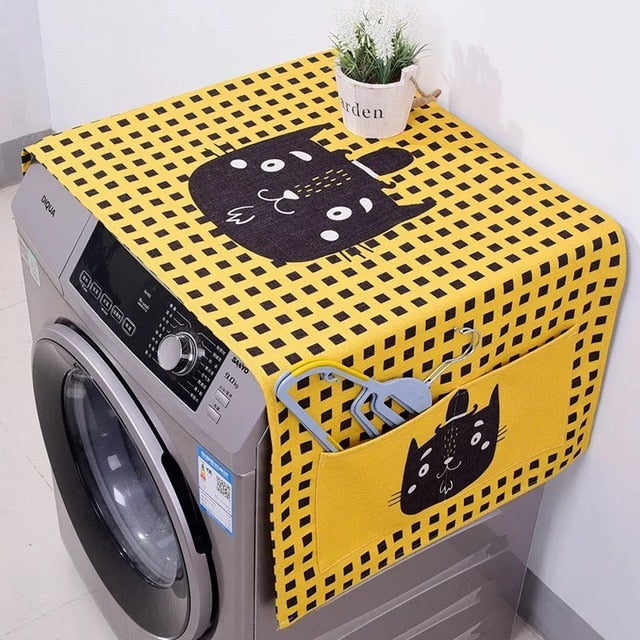 Cotton Cartoon Print Washing Machine Dust Cover with Side Pockets
