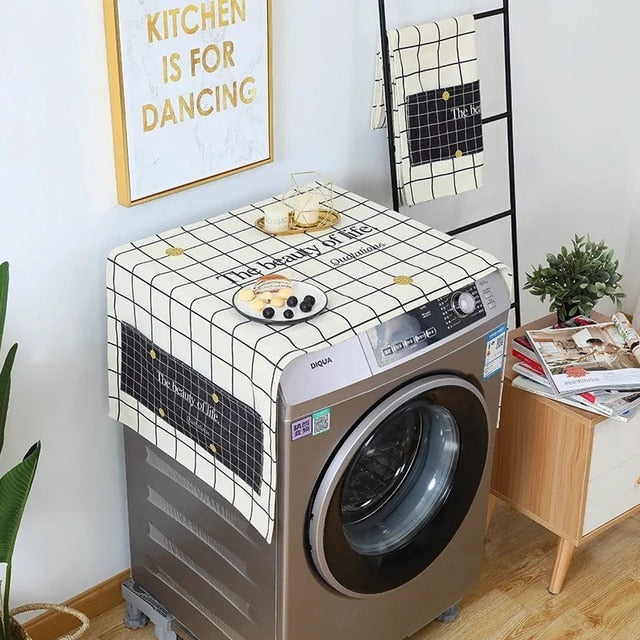 Cotton Cartoon Print Washing Machine Dust Cover with Side Pockets