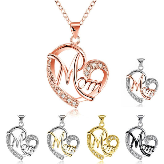 Women's MOM Heart Shape Inlaid Crystal Pendant Necklace