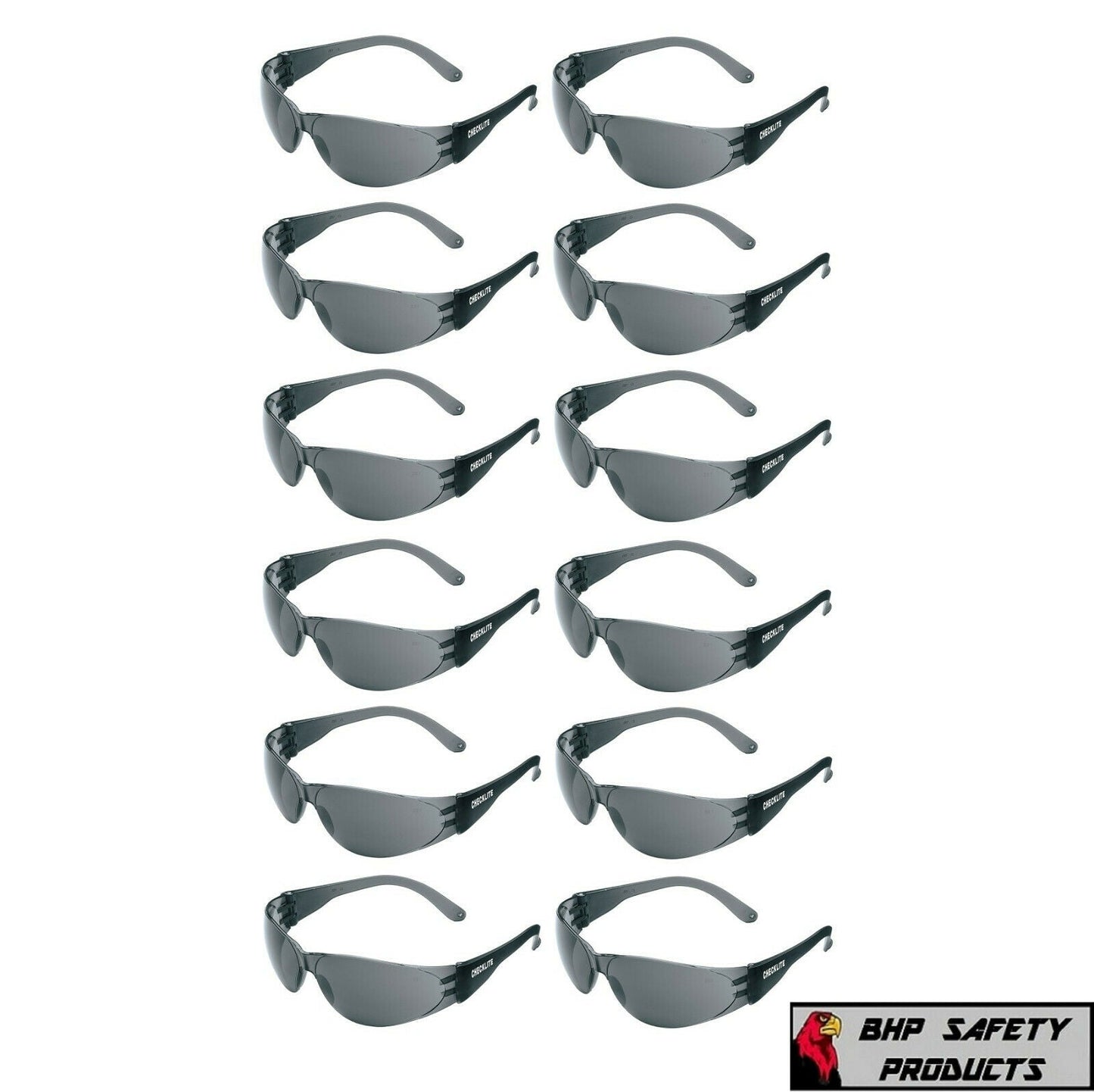 12 Pair Black Protective Safety Glasses with Grey Smoke Lens Lenses