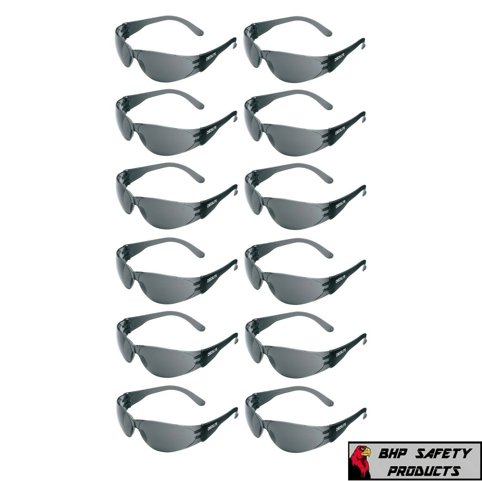 12 Pair Black Protective Safety Glasses with Grey Smoke Lens Lenses